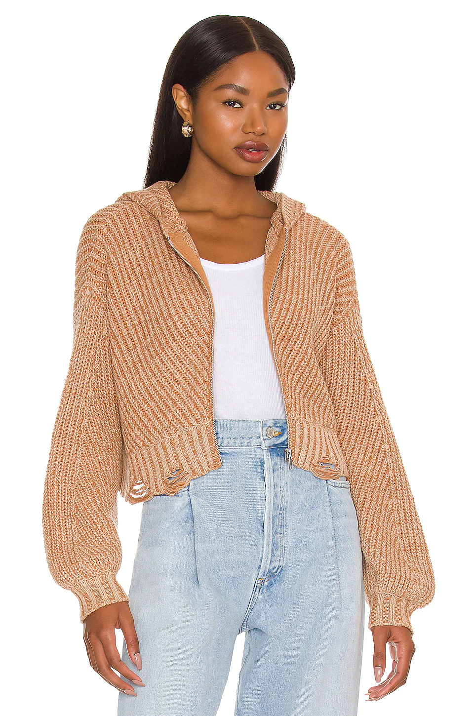 Lovers And Friends Blaire Distressed Knit Hoodie In Camel