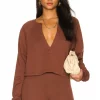 Lovers And Friends Deep V Neck Sweatshirt In Dark Brown -Lovers and Friends Sales Shop LOVF WK1044 V1