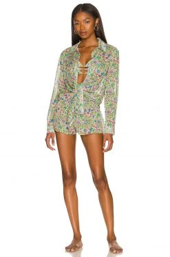 Lovers And Friends Groovy Delight Shirt In Lime Hippy Floral -Lovers and Friends Sales Shop LOVF WS2374 V5
